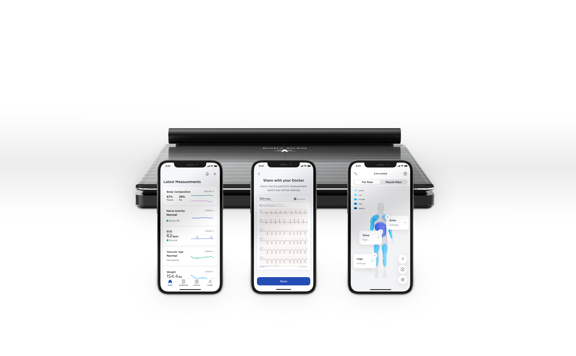 The Body Scan scale with three screenshots of the companion app.