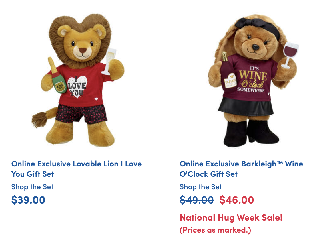 Two toys on the Build-A-Bear website: A lion carrying a bottle of champagne, and a bear carrying a bottle of wine.