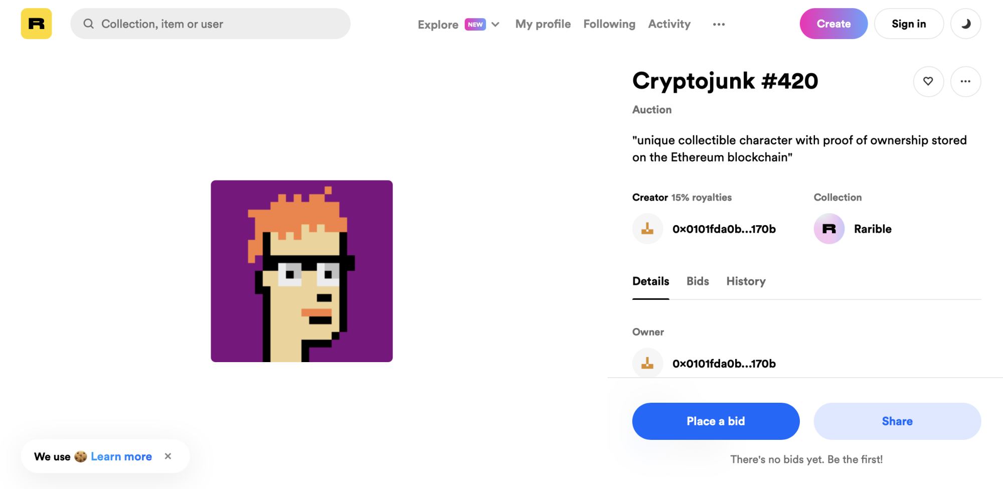 NFT marketplace Rarible showing the fake CryptoPunk in question.