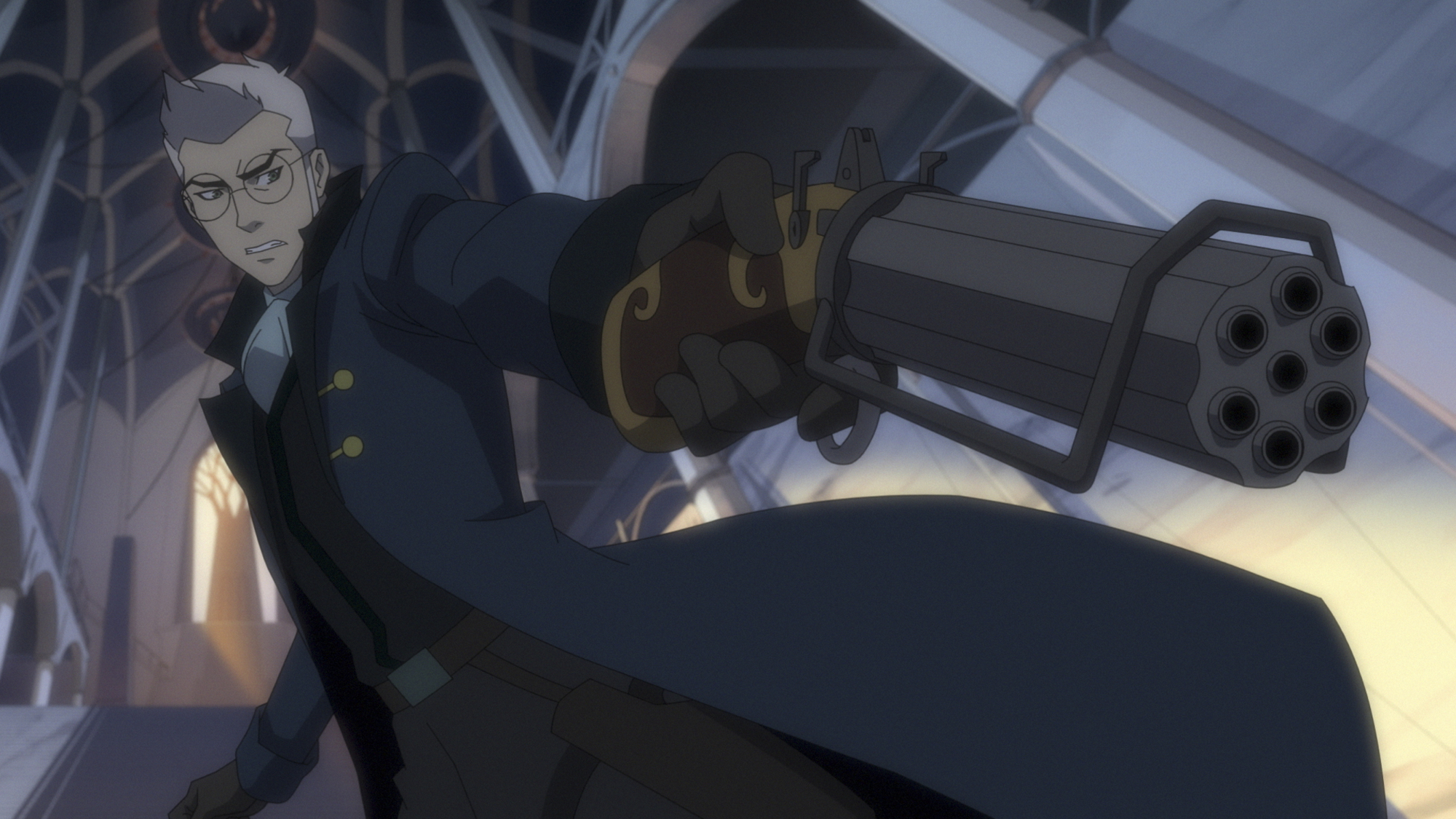 A man in a flowing coat points a gun
