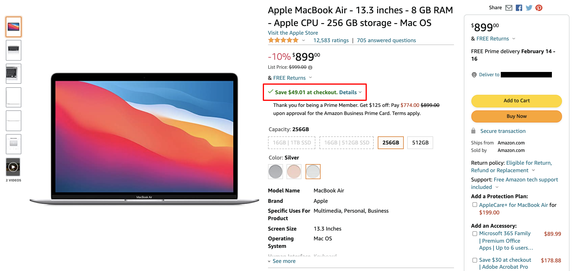 a screenshot of the m1 macbook air's amazon product page with a red box around its coupon