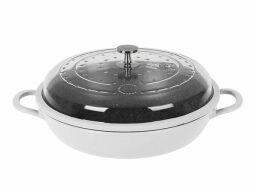 White circular pan with glass lid