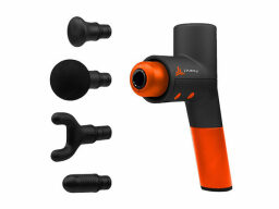 Black and orange massage gun with four different heads