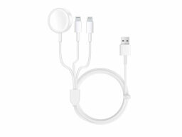 White charger with USB on one end and magnetic connection and two lightning ports on the other
