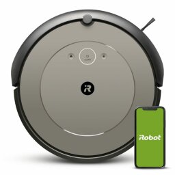 Gray and black Roomba with phone on iRobot screen