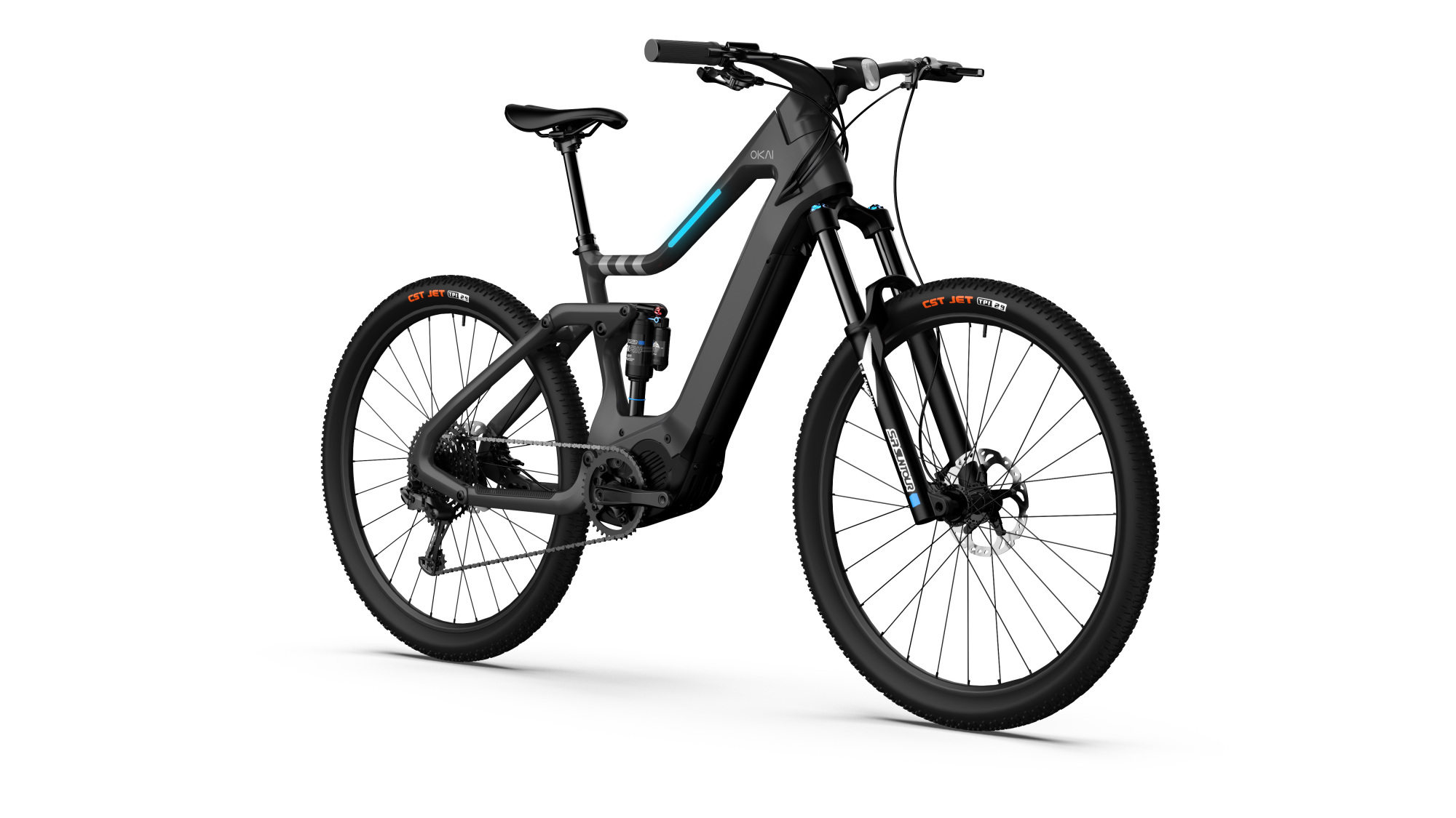 A black e-bike facing forward.