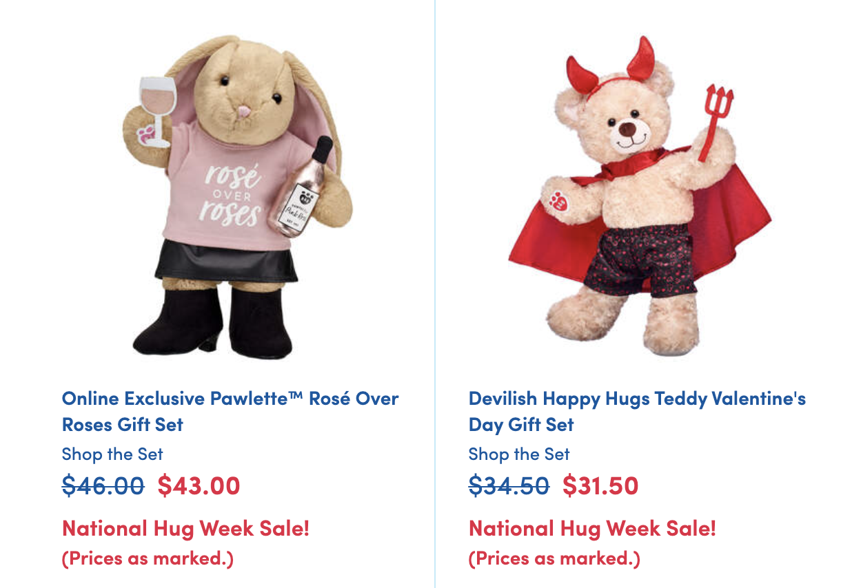 Two toys on the Build-A-Bear website: A bunny carrying a bottle of wine, and a bear dressed up as Satan.