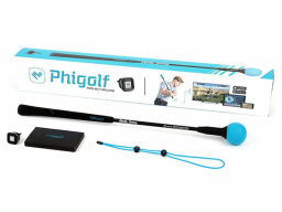 Blue and black golf swing sensor and stick in front of box