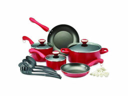 Red cookware set of 4 ladles, 2 pans, 3 pots with lids, and 5 spoons
