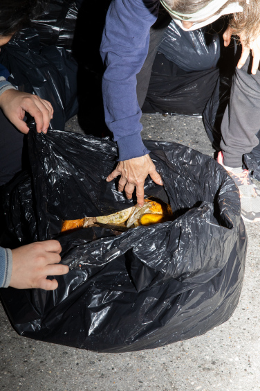 freegans' hands searching through trash bag on ground