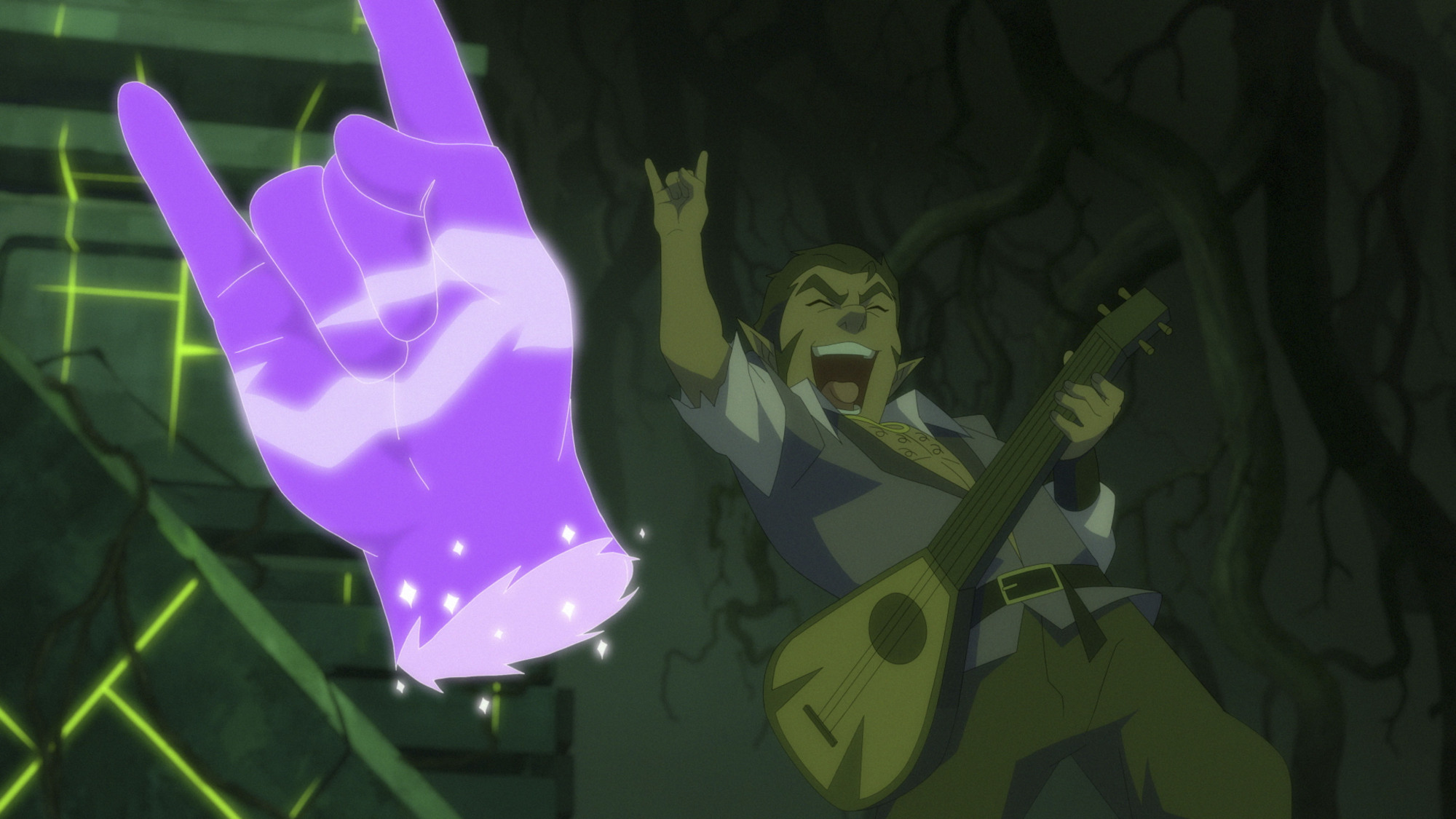 A gnome rocking out on the lute puts up his hand - his gesture is mimicked by a giant magical purple hand