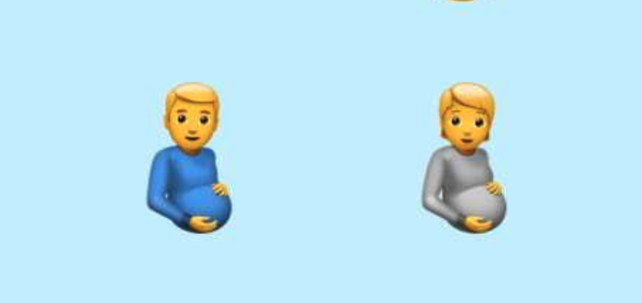 the pregnant man and pregnant person emoji side by side on a blue background