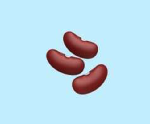 the beans emoji, three brown beans with small white eyes, on a light blue background