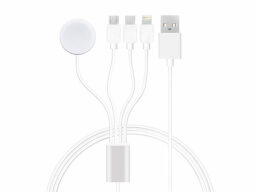 White charging cable with three lightning ports, a usb port, and a magnetic connection