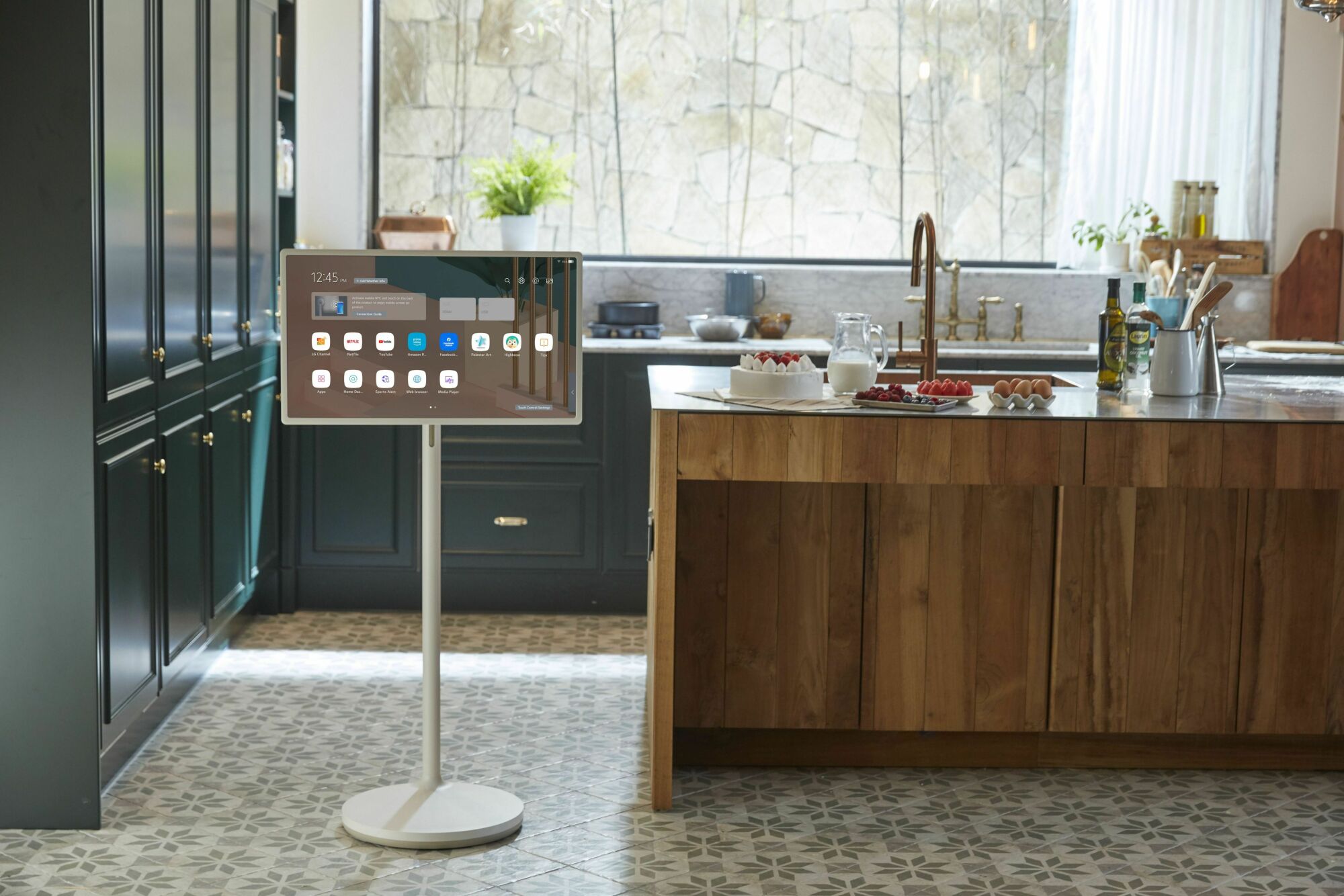 An LG StanbyME TV in a kitchen