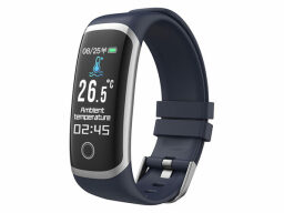 Smartwatch with navy blue strap, showing time, temperature, and date