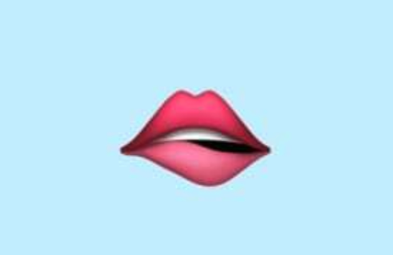 the pink lip-bite emoji on a blue background