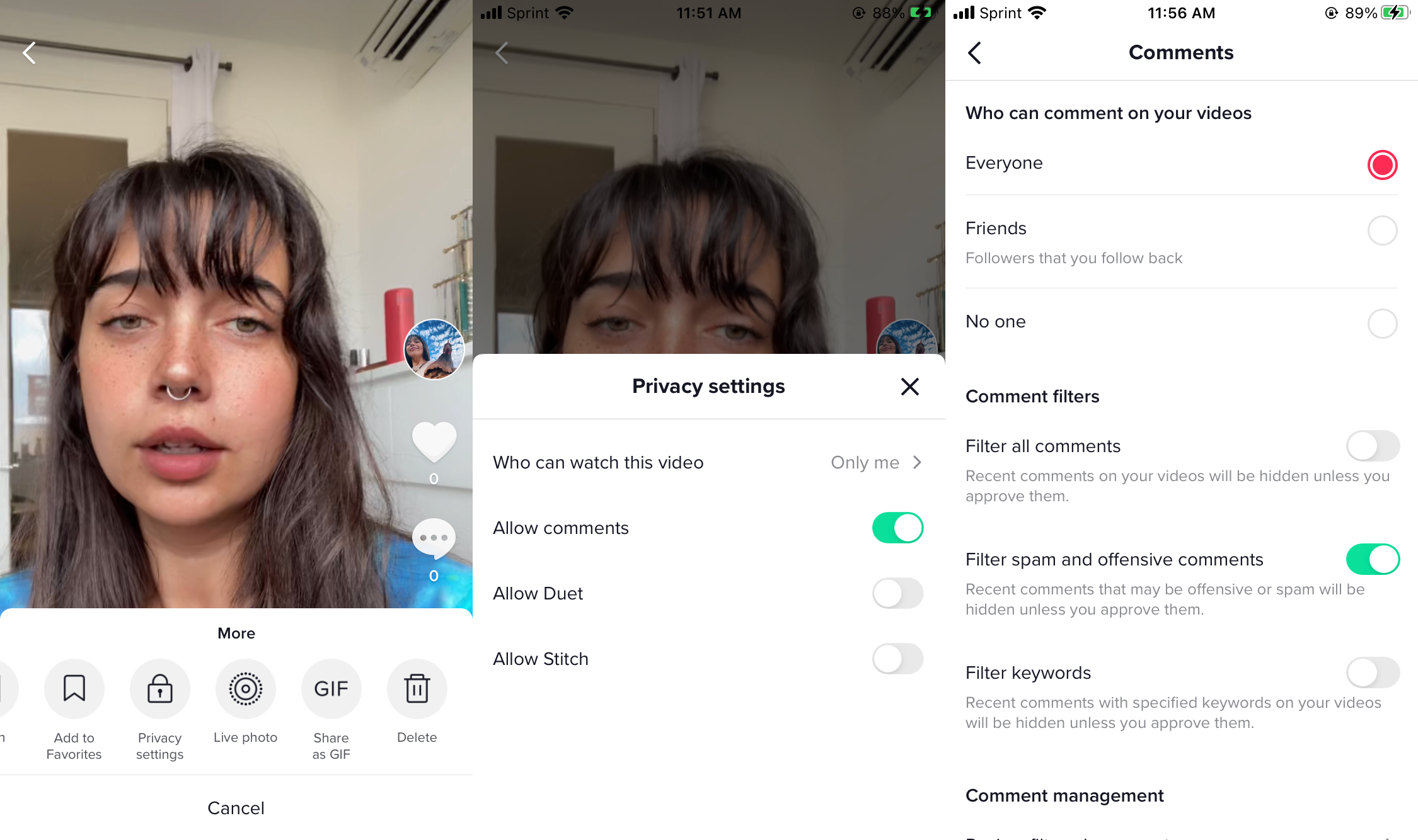 Screenshots of how to turn comments off on a TikTok video