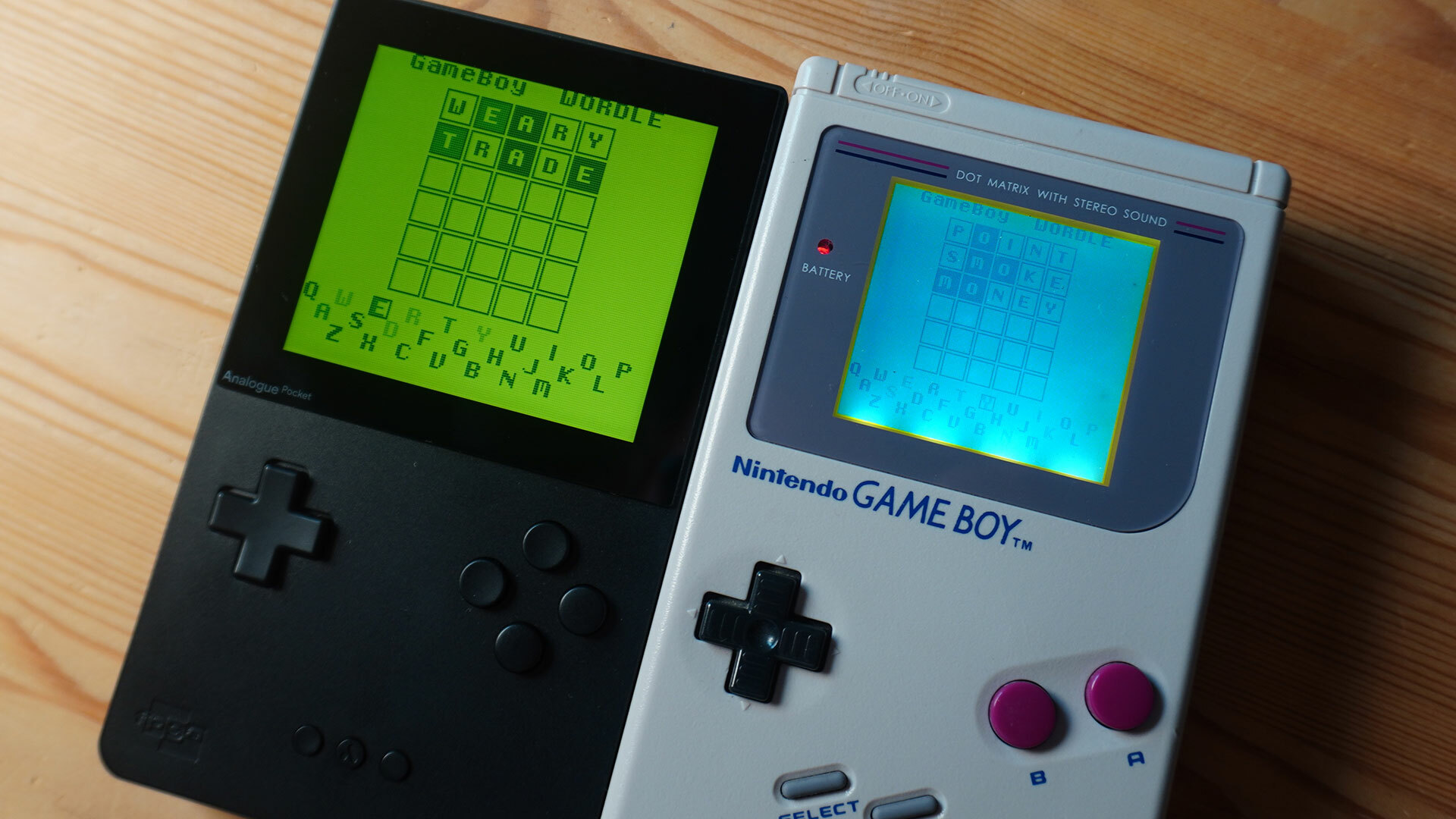 The game Wordle appearing on a Game Boy screen