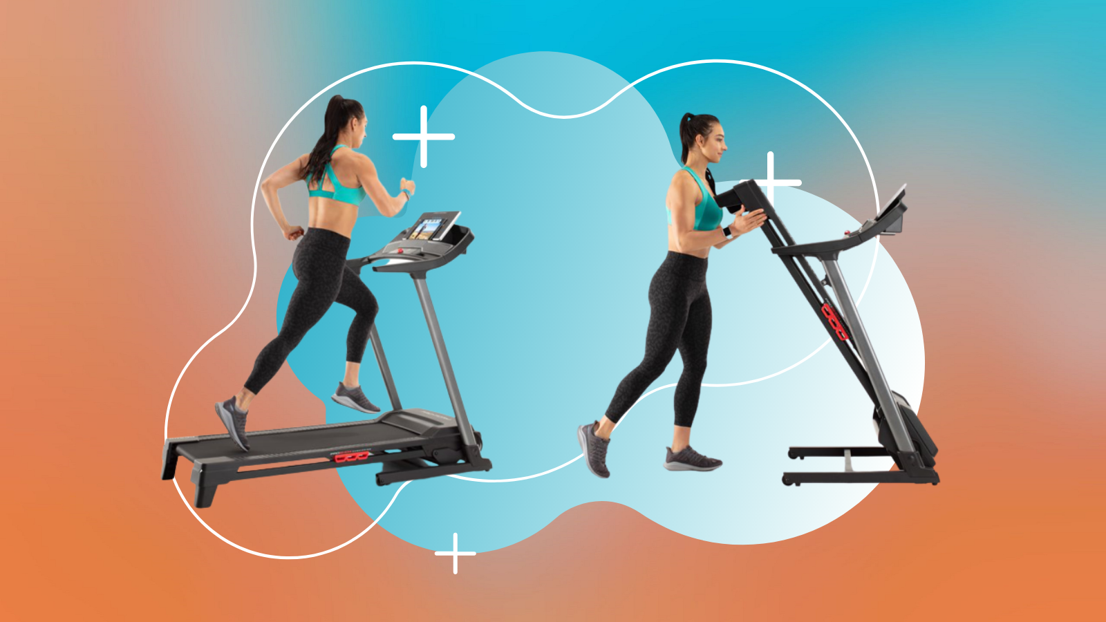 woman running on and folding up proform cadence treadmill