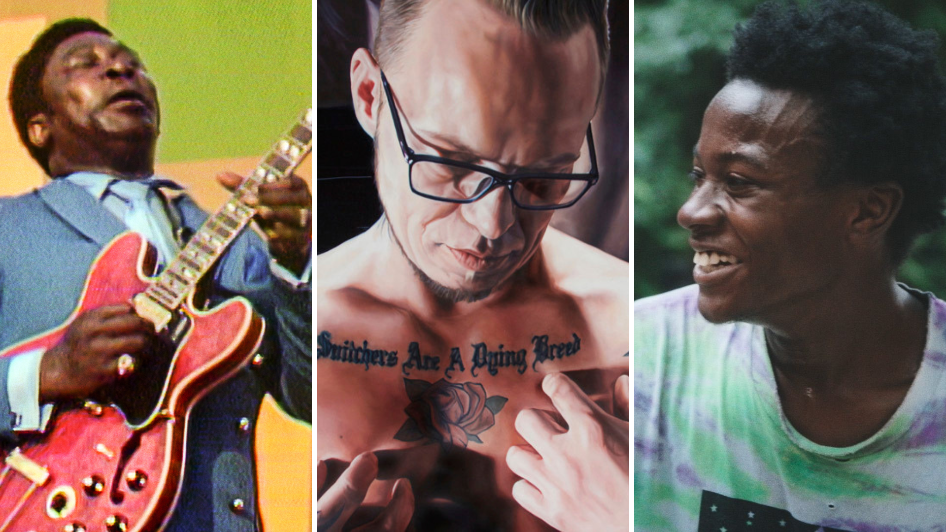 A collage of men from documentaries: a guitarist, a tattooed man, a skater.