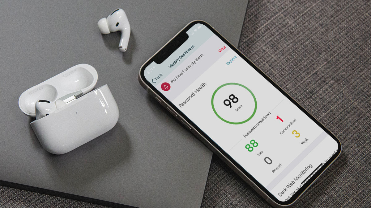 Airpods pro next to phone screen showing dashlane password manager page