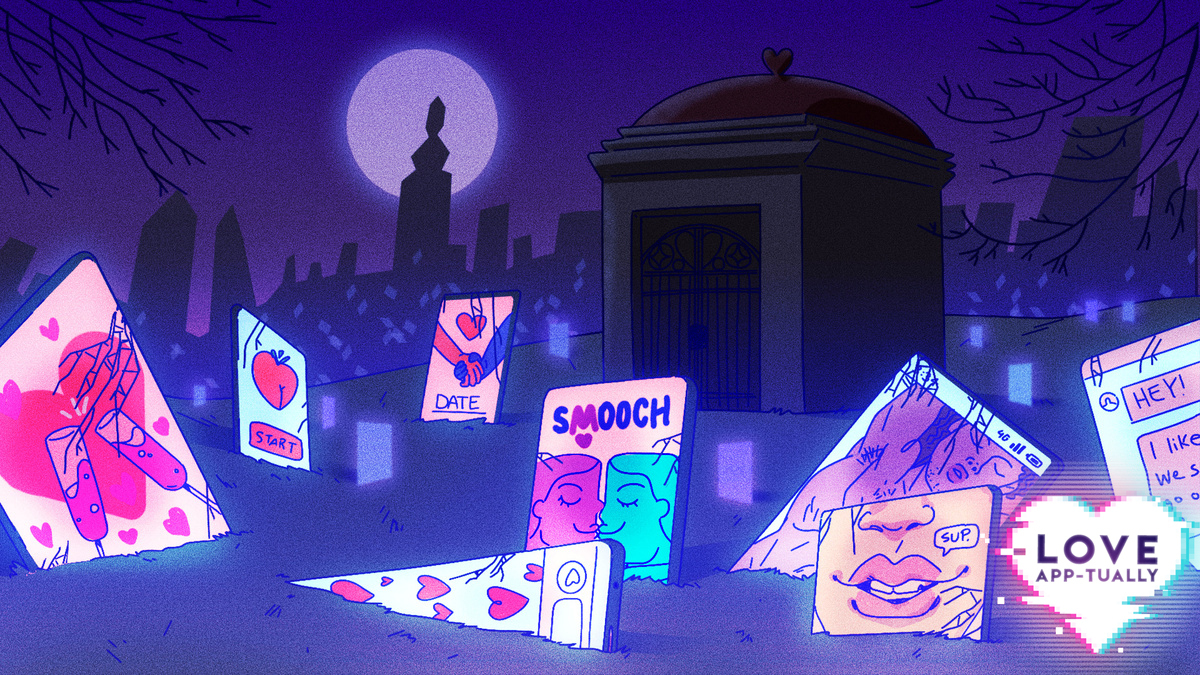 Illustration of an app graveyard, with phones as headstones