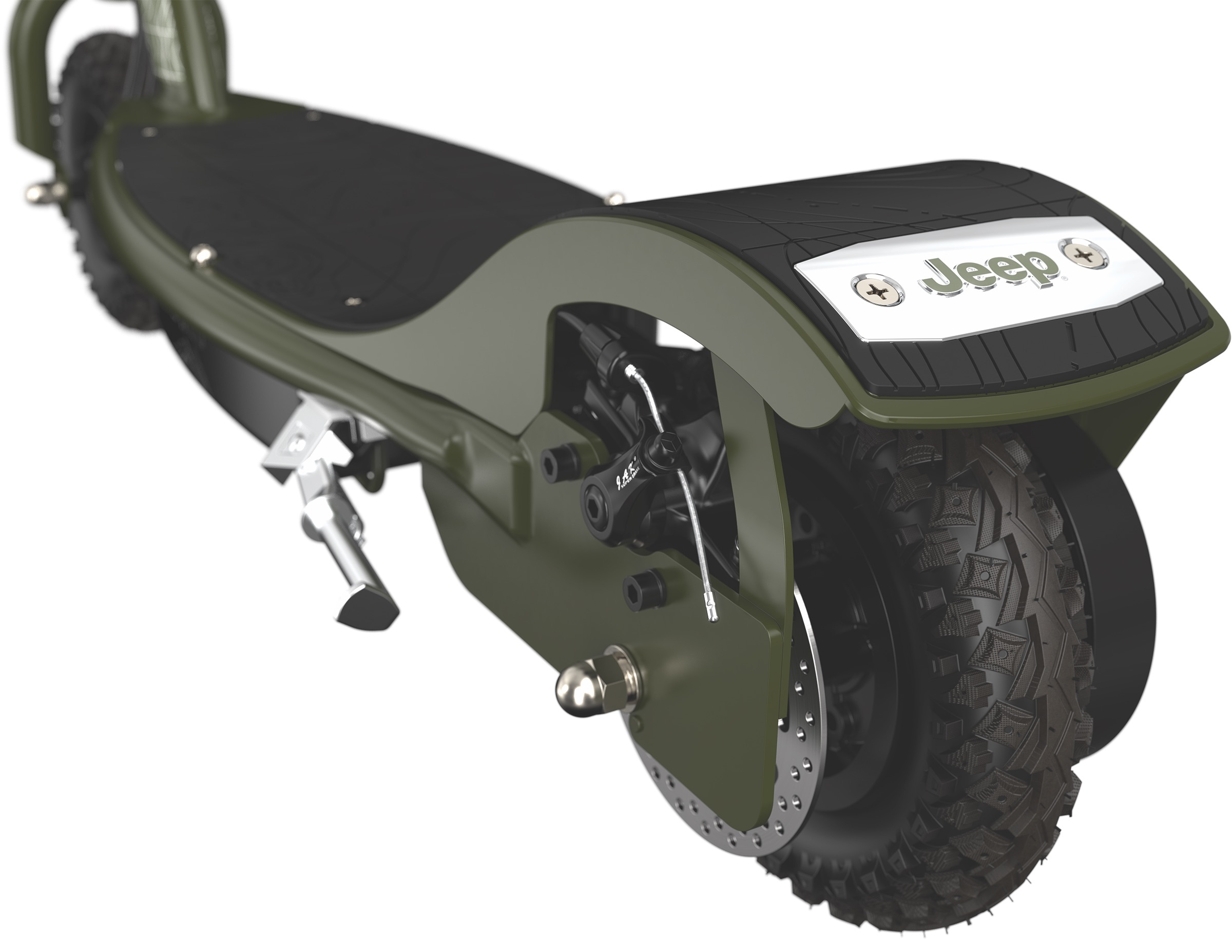 Backside look at a green scooter.