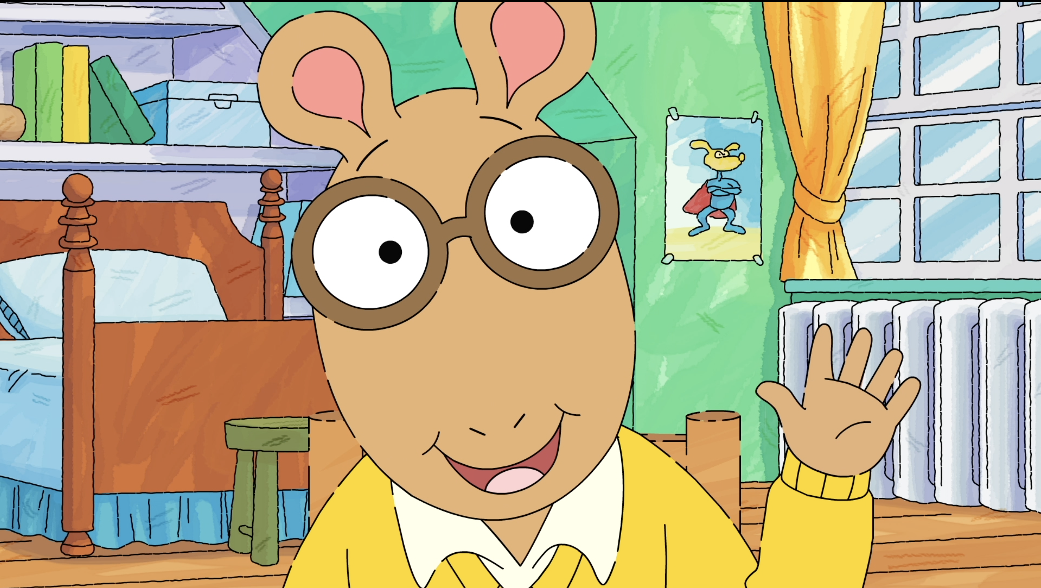 An image of the animated show 'Arthur', featuring the title character Arthur, an eight-year-old aardvark with round glasses and wearing a yellow sweater.