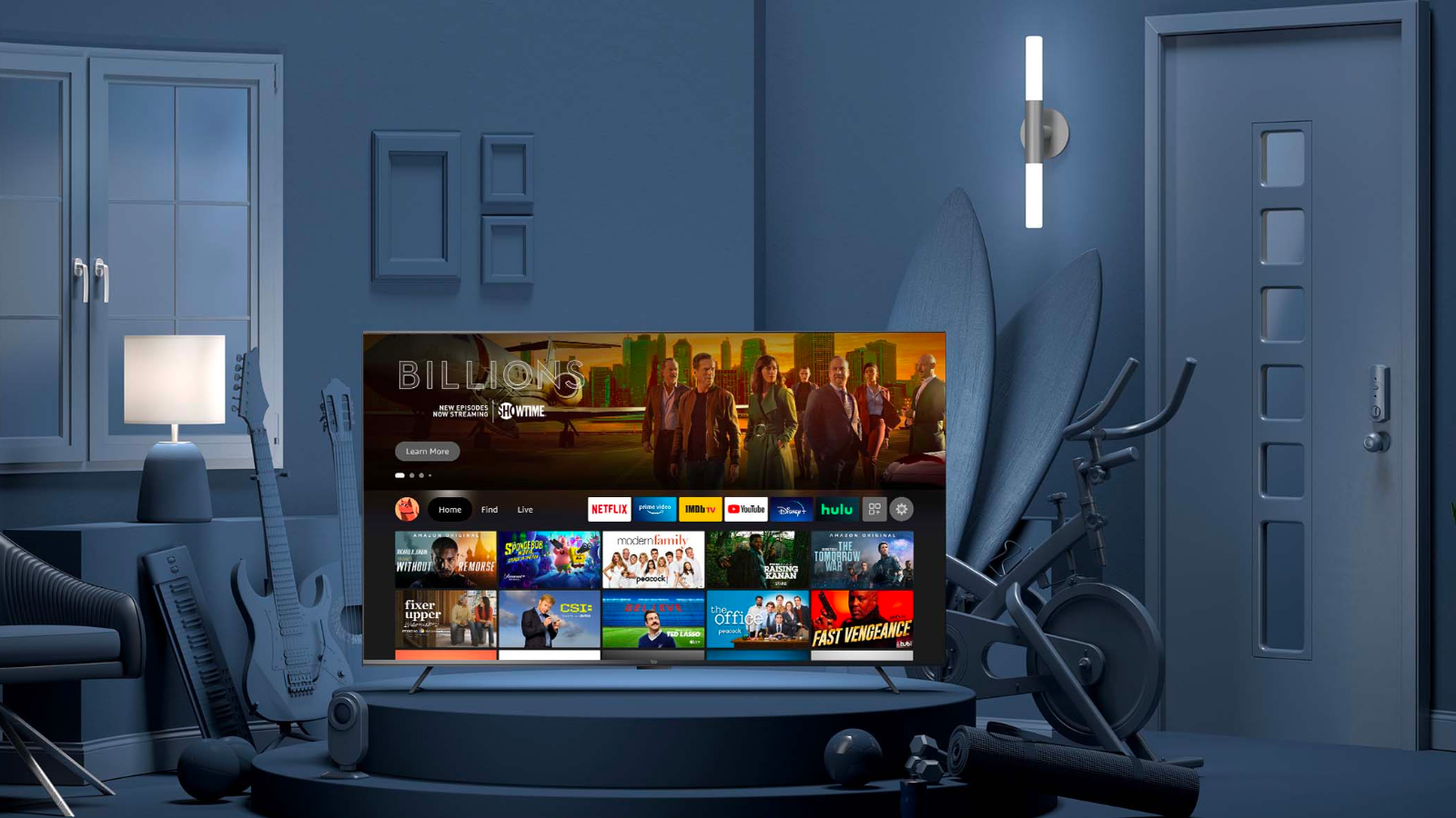 the amazon fire tv omni series display centered in a monochromatic blue room