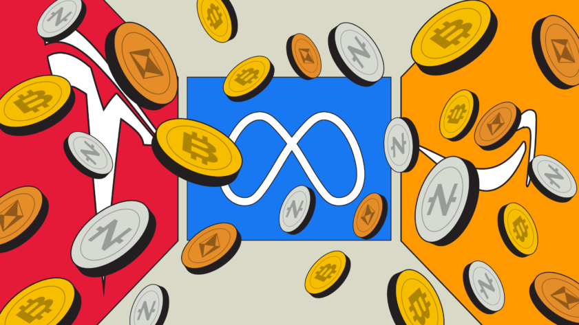 Coins in front of the Meta logo in blue.