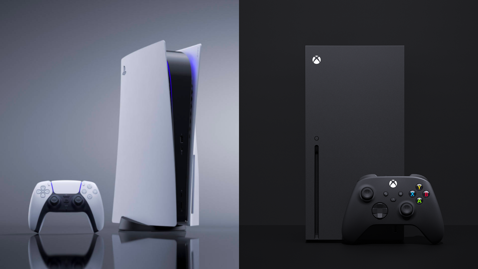 the playstation 5 and its dualsense wireless controller next to the xbox series x and an xbox wireless controller