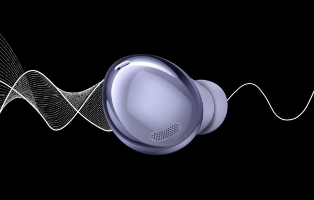 one of the samsung galaxy buds pro on a black background with sound wave animations