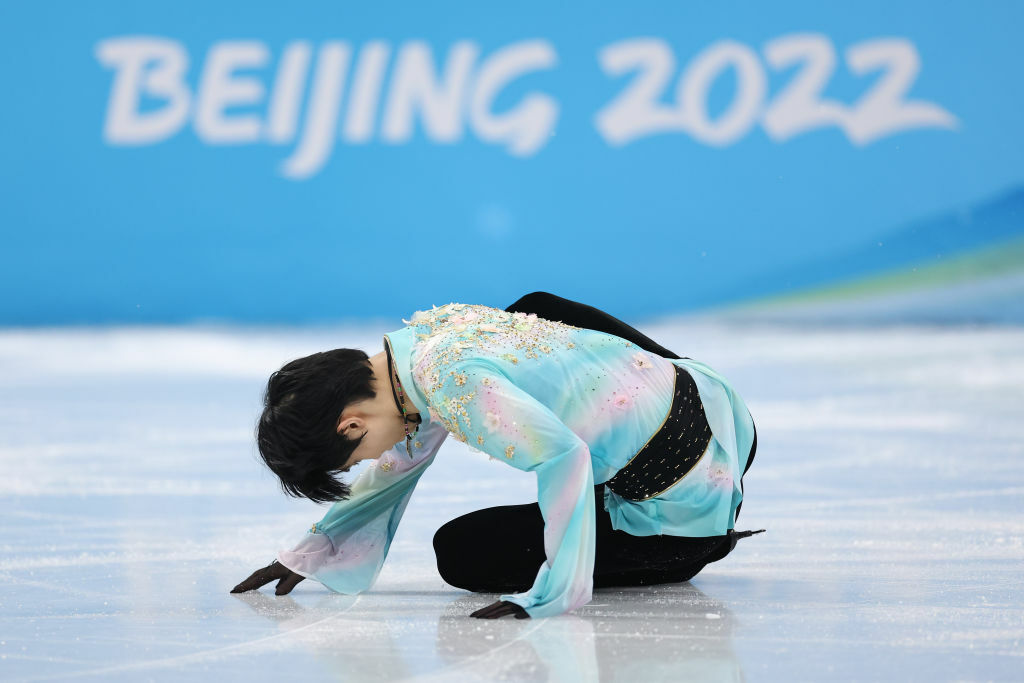 Yuzuru Hanyu of Team Japan falls during the Men Single Skating Free Skating on day six of the Beijing 2022 Winter Olympic Games at Capital Indoor Stadium on February 10, 2022 in Beijing, China.