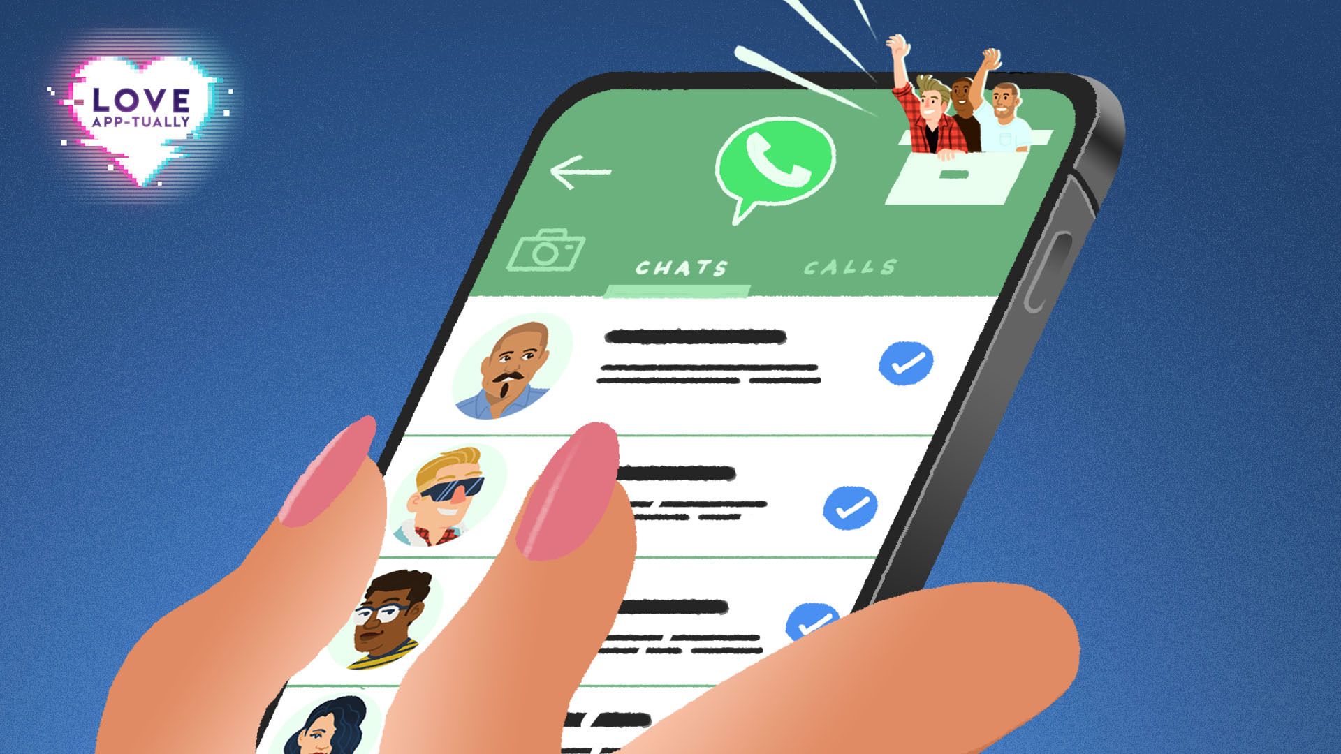Illustration of a hand holding a phone with WhatsApp open and a man attempting to escape from the WhatsApp archive with hands flying in the air.