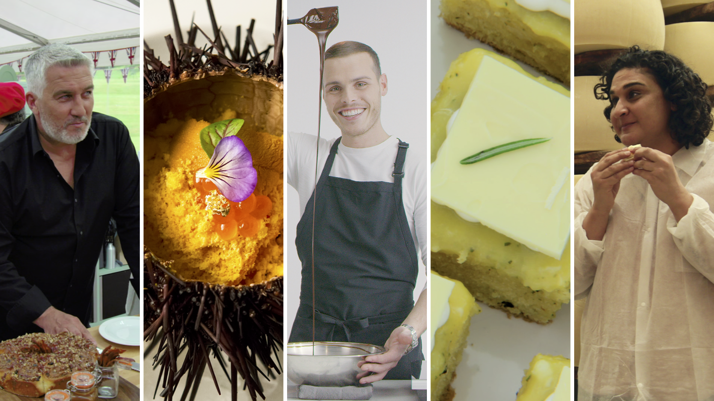Five stills: a man with a loaf of bread, a sea urchin dish, a man holding a spoon full of melted chocolate, a yellow bite-sized cake, a woman eating a piece of cheese