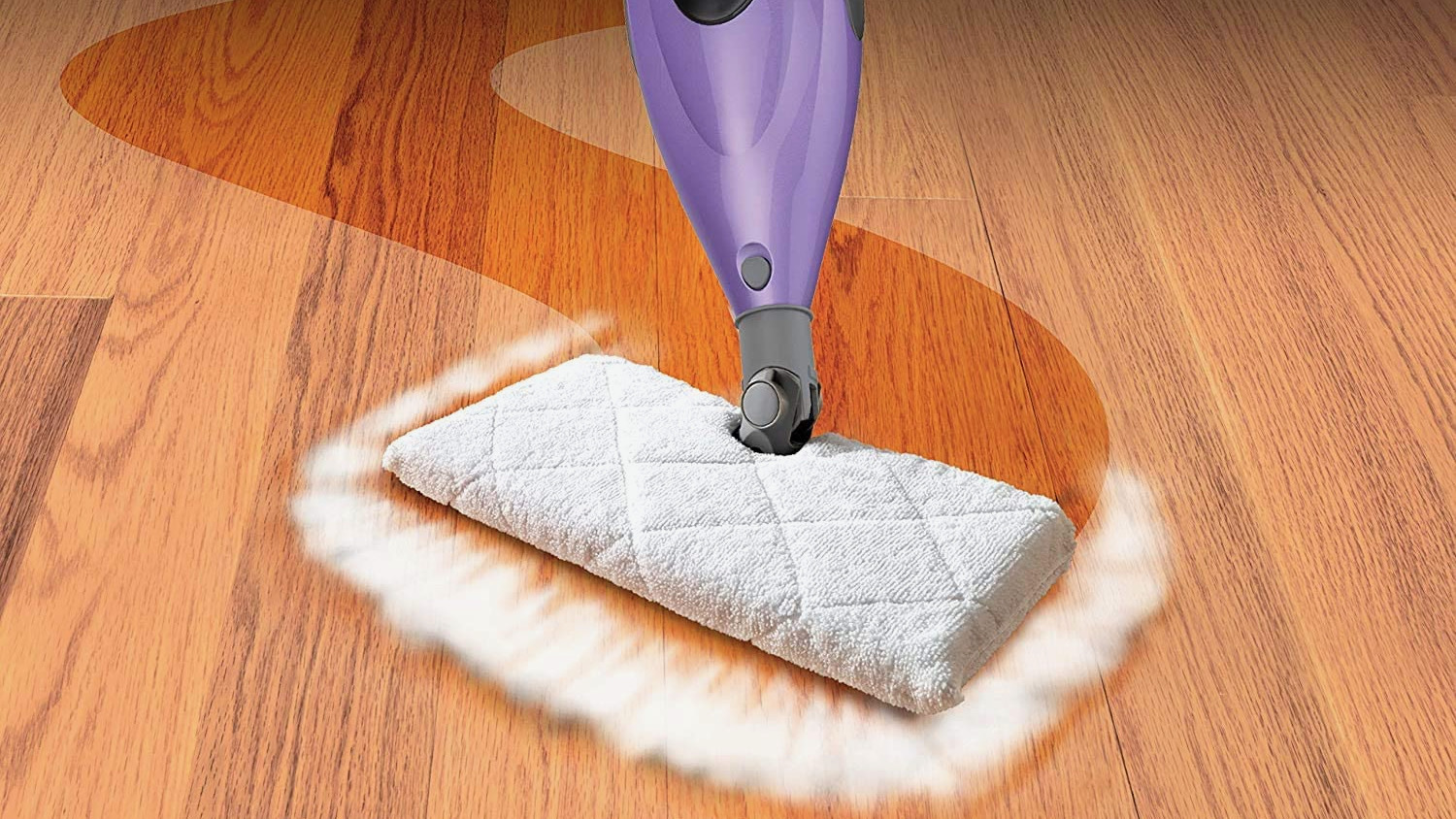 Mop with purple handle making track over hardwood floor