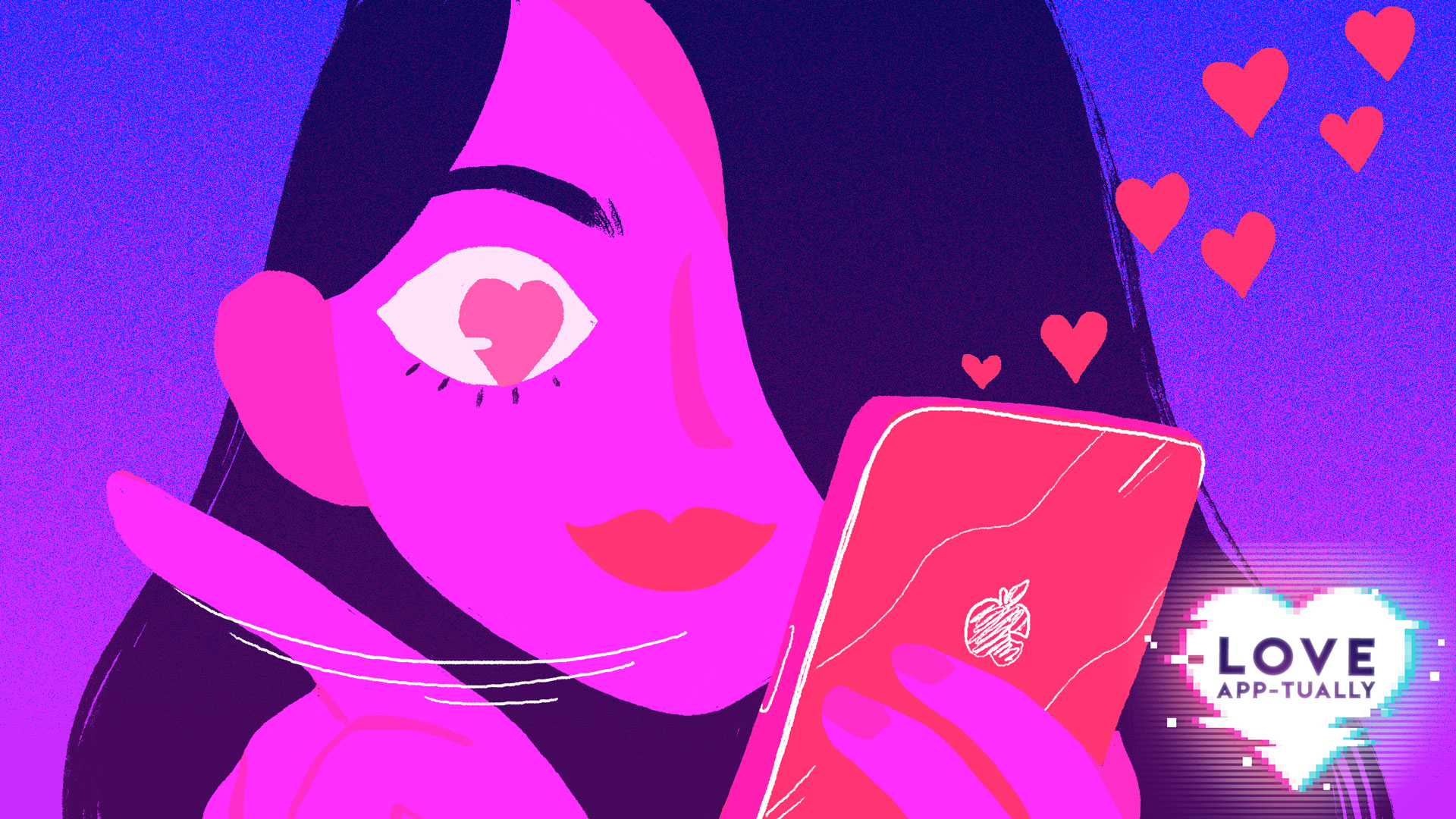 An illustration of a woman holding her iPhone, shown using a dating app.