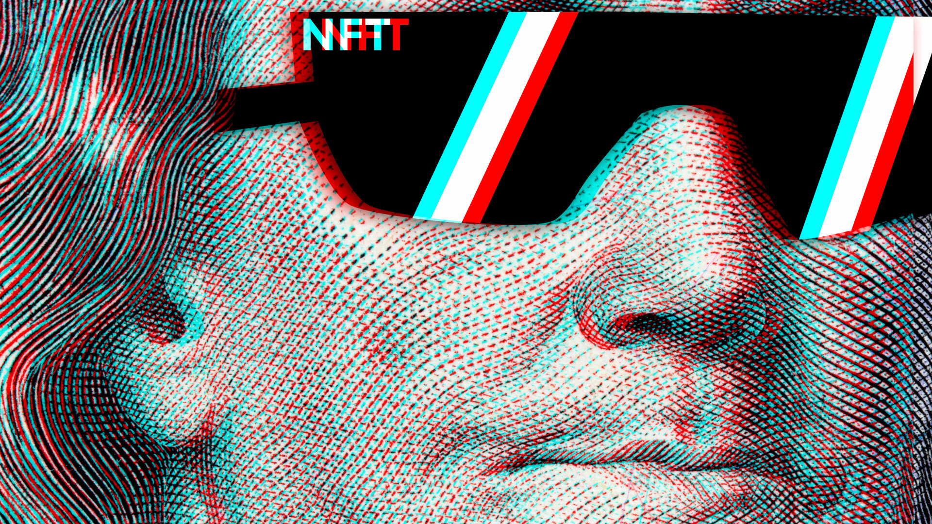 An up-close view of Benjamin Franklin's face as it appears on the $100 bill in the United States. In the image, Franklin is wearing a pair of drawn on, eye-concealing sunglasses with the text 
