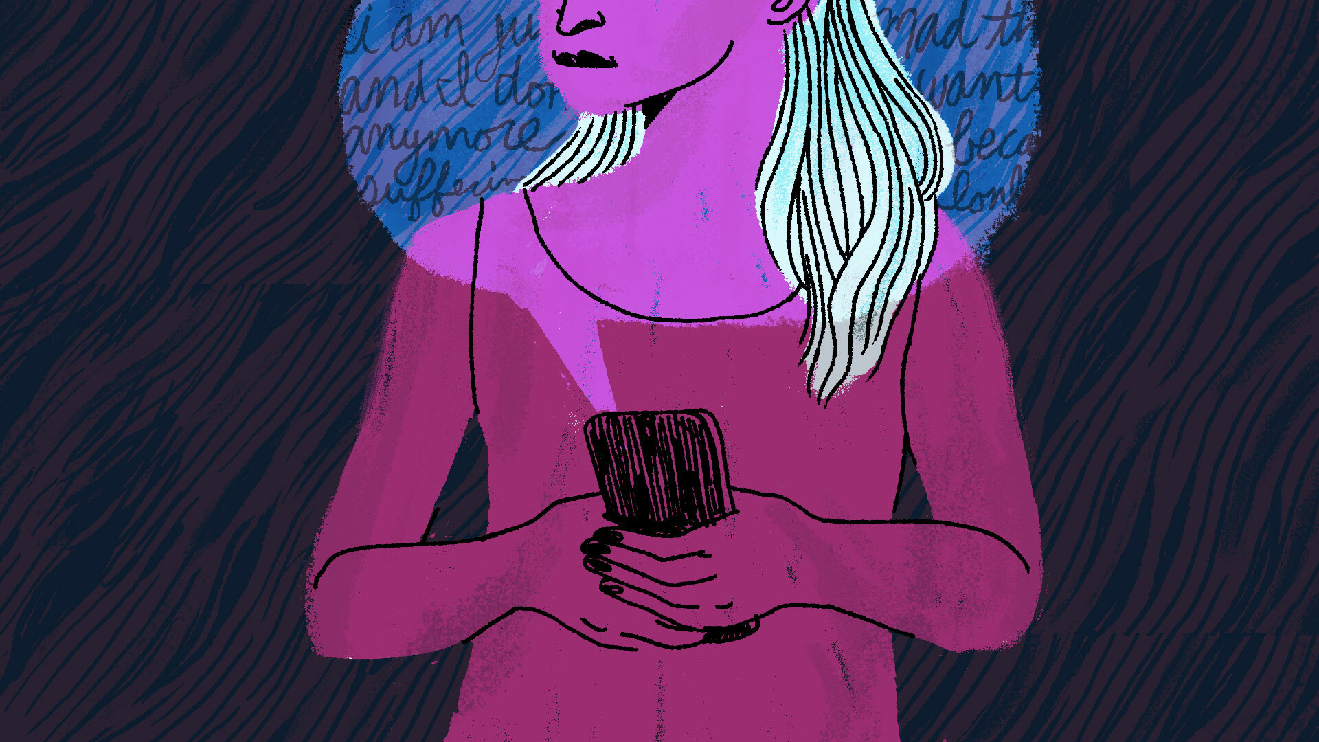 A woman with a concerned look holds a phone. A light behind her projects words onto the background. 