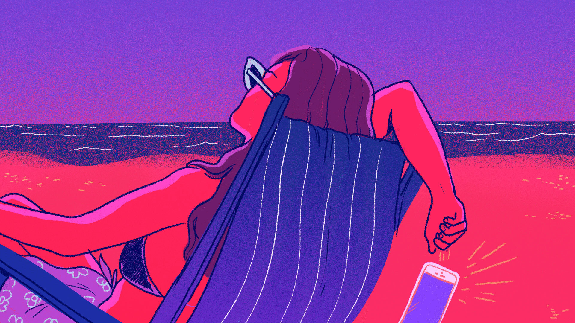 A woman on a beach vacation throwing her phone off her chair.