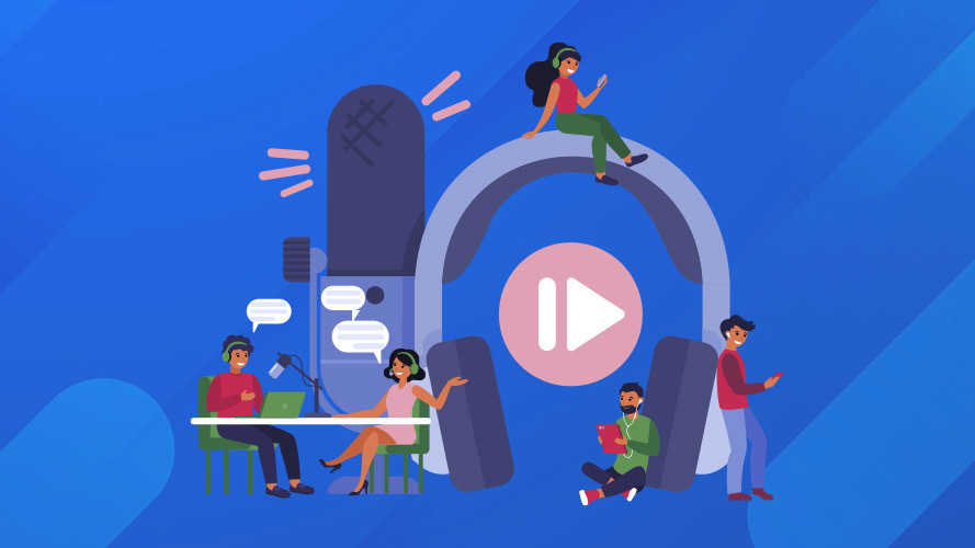 Graphics of people sitting on giant headphones and discussing things at a table