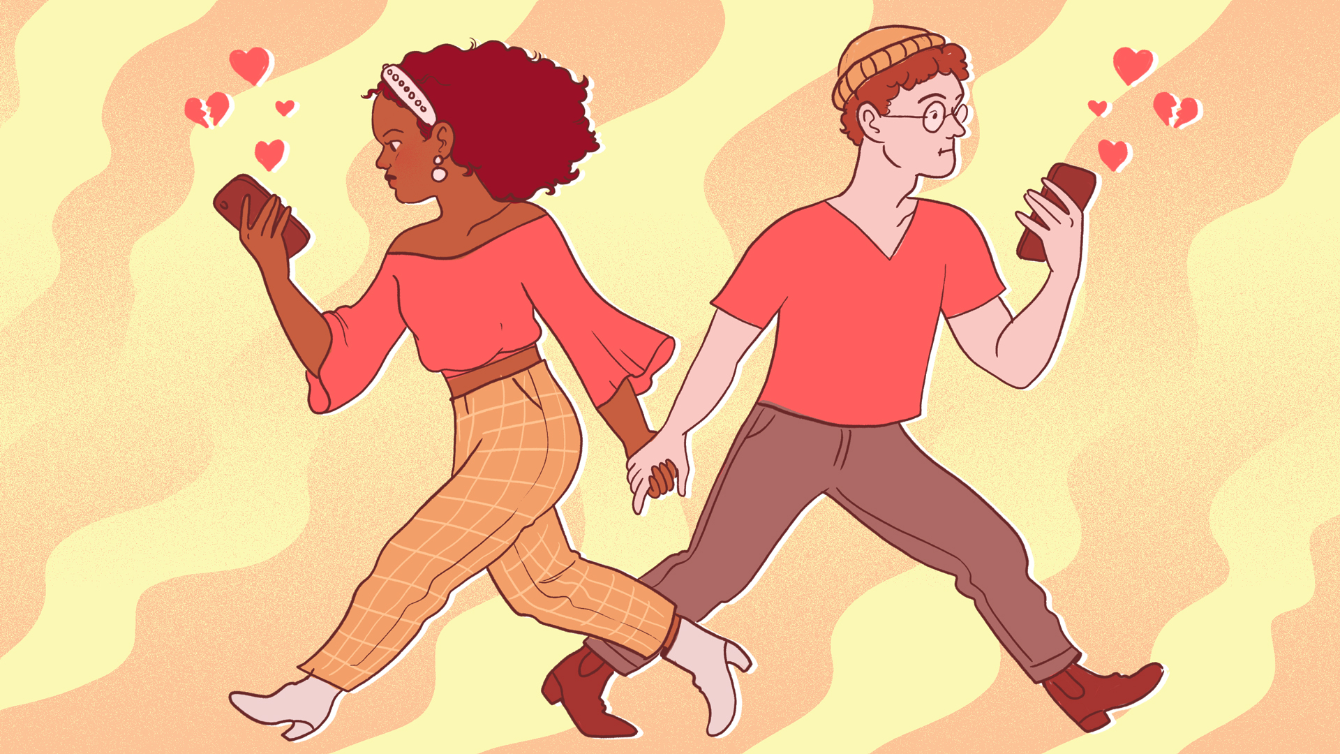 two people holding hands but looking at their phones instead of facing each other