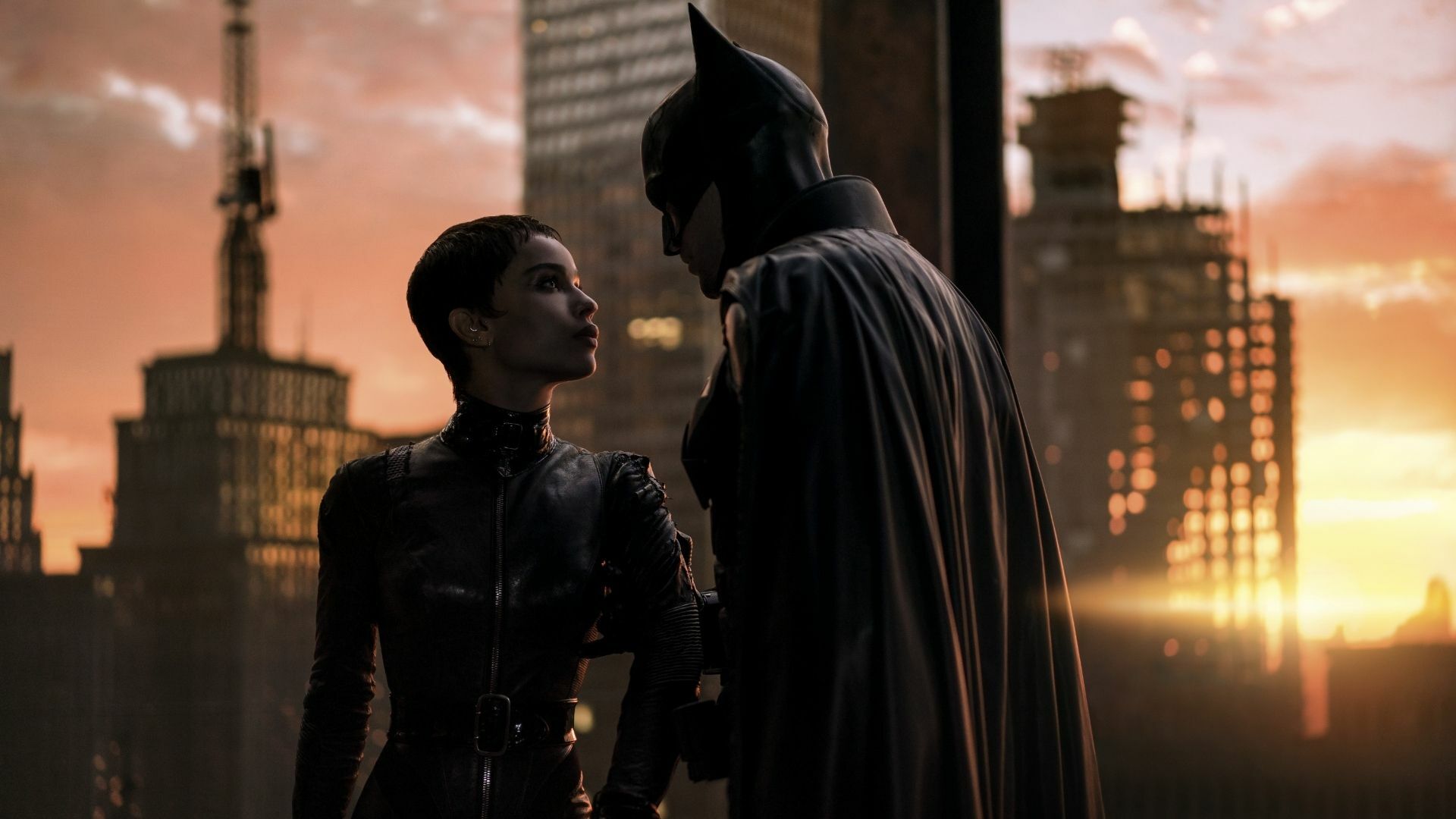 Catwoman and Batman on a rooftop.
