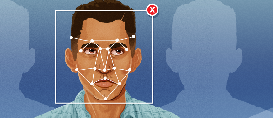 Man with facial-recognition grid overlaying face.
