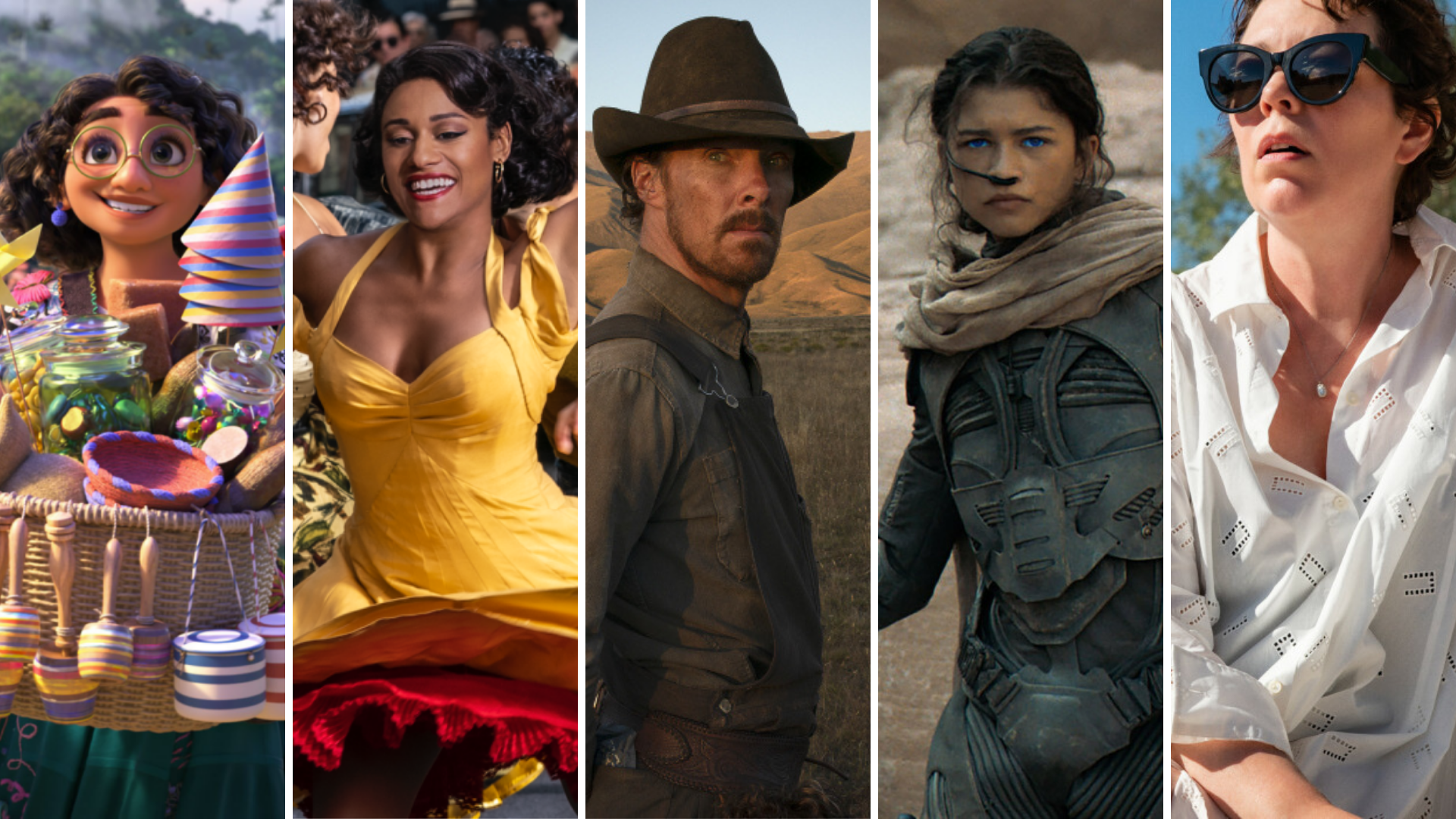 Five stills: a woman holding fireworks/a woman dancing in the street/a man in a cowboy hat in the middle of plains/a woman in an elaborate sci-fi costume in the desert/a woman in resort wear