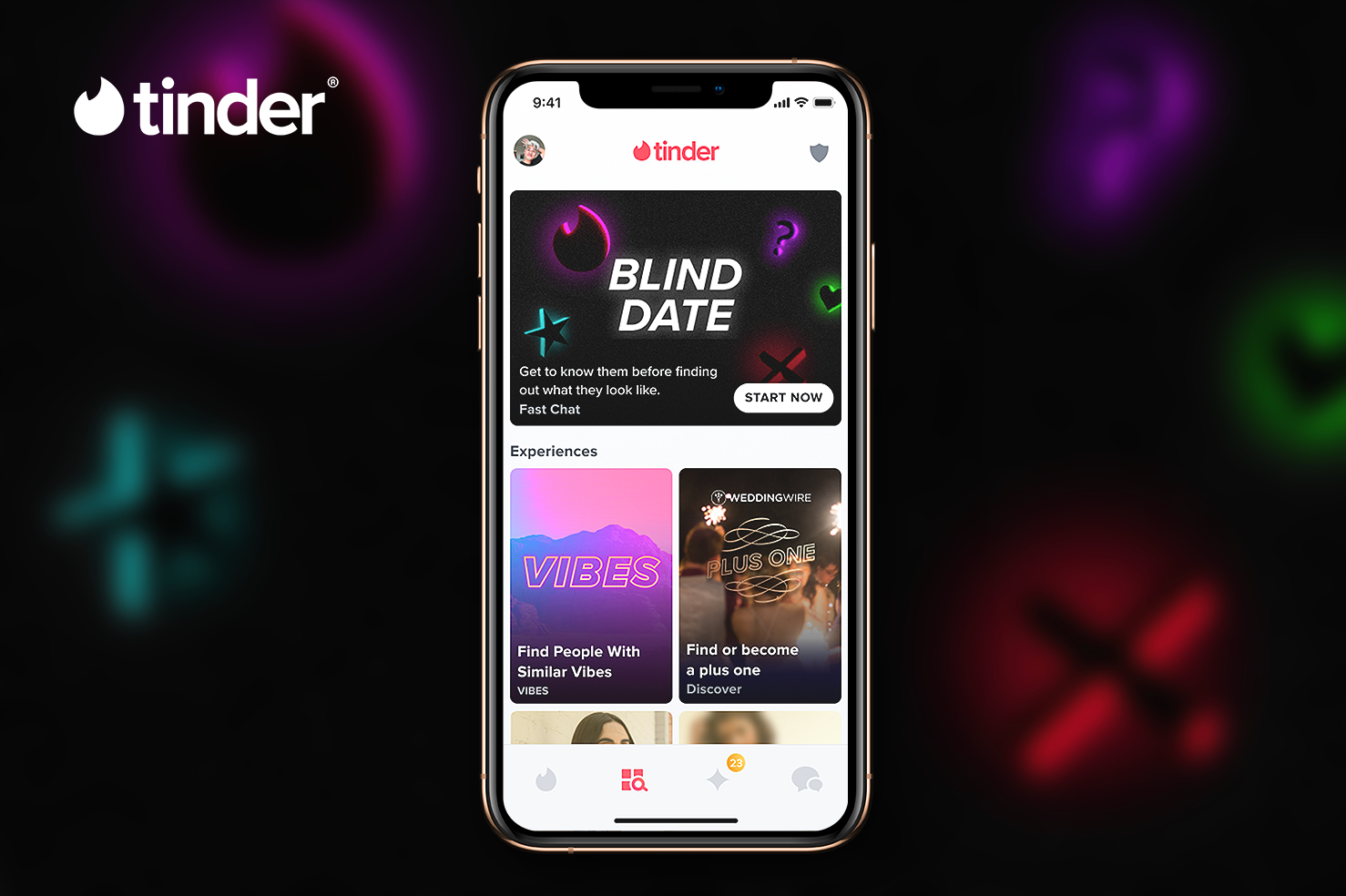 A phone screen displaying the new Tinder Blind Date feature.
