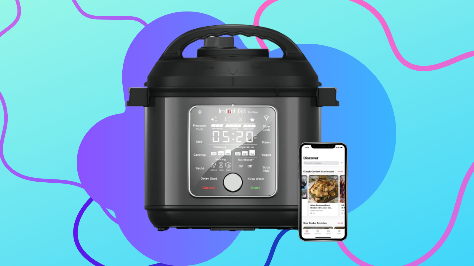Black smart instant pot on a colorful background