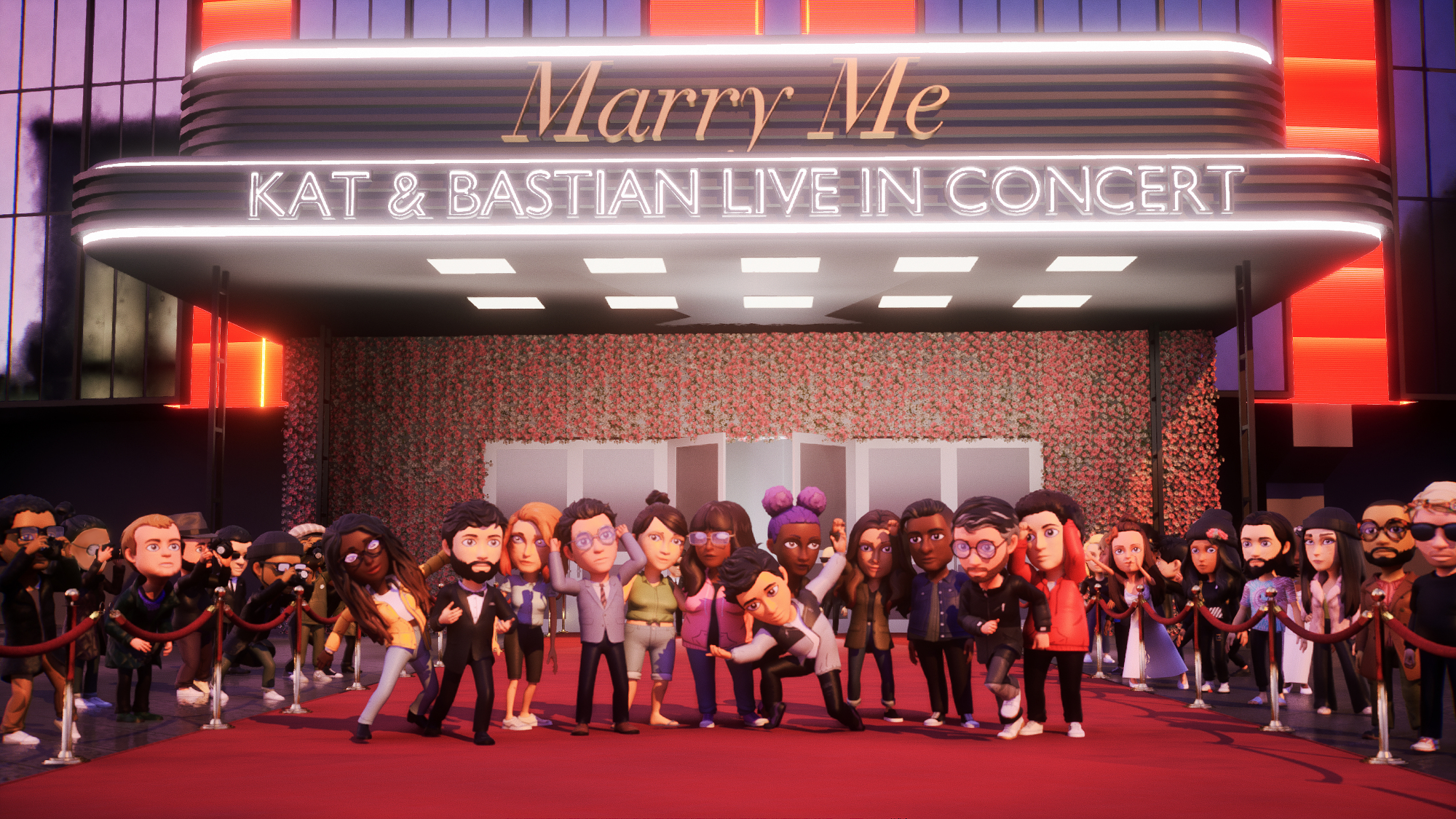 A crowd of Bitmoji avatars on the red carpet outside of a theater with a marquee that reads 'Marry Me: Kat & Bastian Live In Concert'