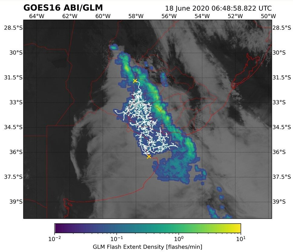 Satellite image of the lightning flash over Uruguay and Argentina on June 18, 2020.